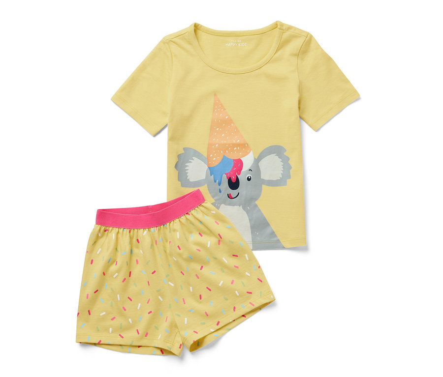 Gelber Kinder-Shorty-Schlafanzug mit Koala- und Eis-Print.