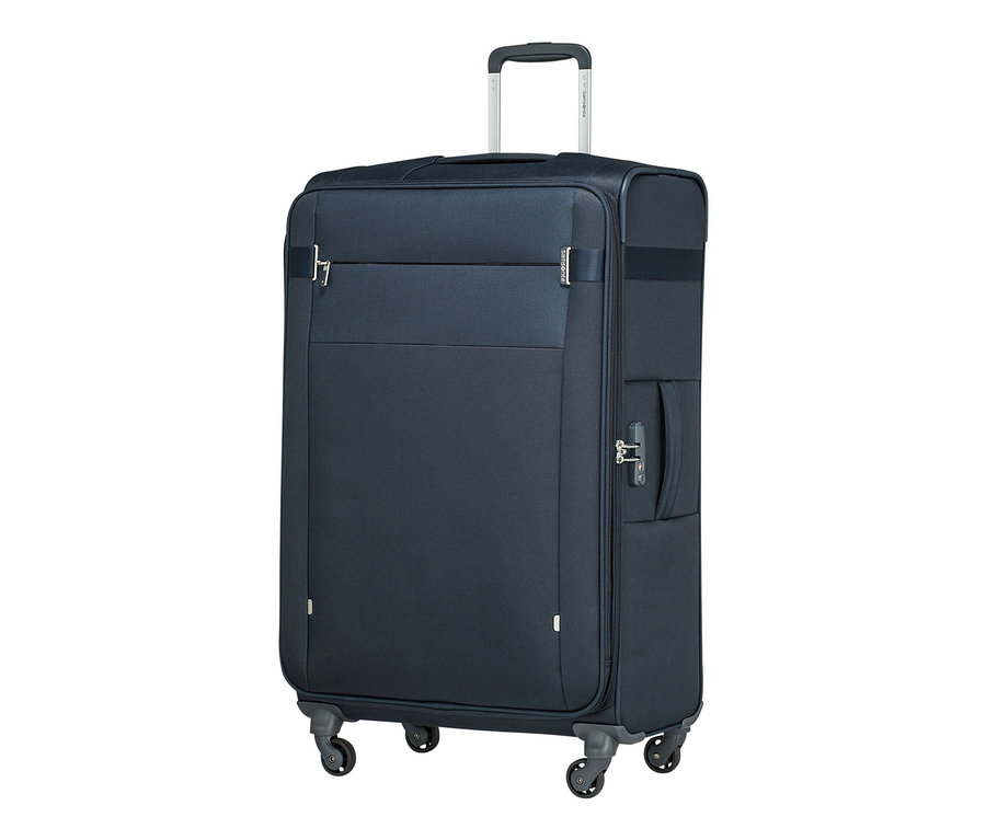 Ein großer, marineblauer Samsonite CITYBEAT SPINNER Trolley auf weißem Hintergrund.