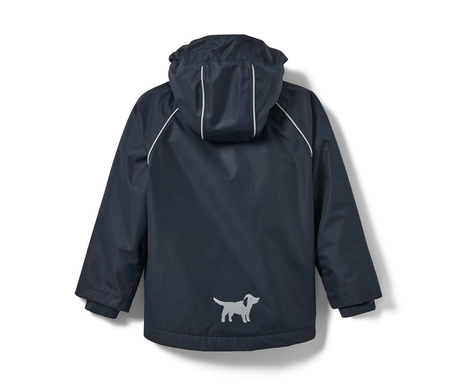 Dunkelblaue Kinder-Thermo-Regenjacke mit Kapuze und Hundemotiv.