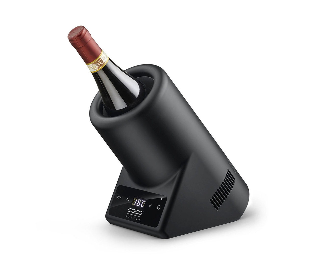 Eine Flasche Wein in einem schwarzen Caso Weinkühler VinoCase.