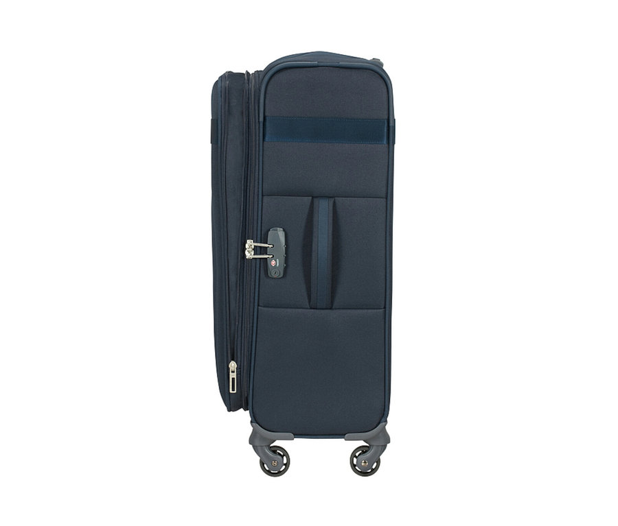 Detailaufnahme eines kleinen, marineblauen Samsonite CITYBEAT SPINNER-Koffers.