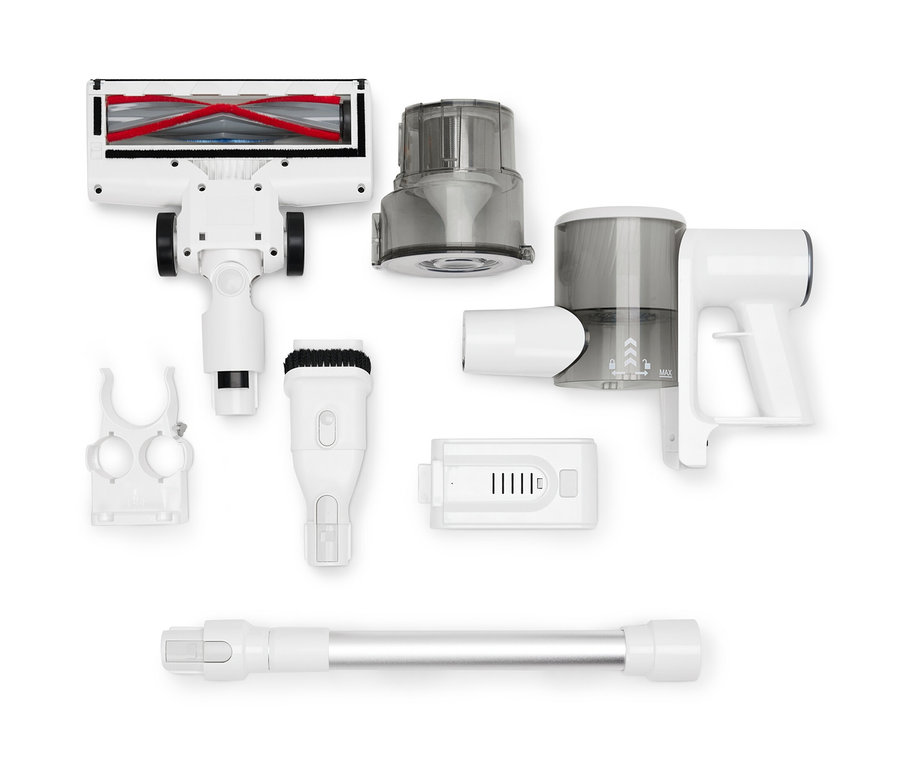 Ein zerlegter Profi-Akkusauger mit verschiedenem Zubehör auf weißem Hintergrund.