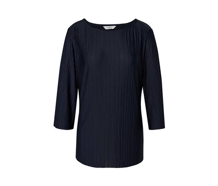 Marineblaues Plissee-Blusenshirt mit Dreiviertelärmeln.