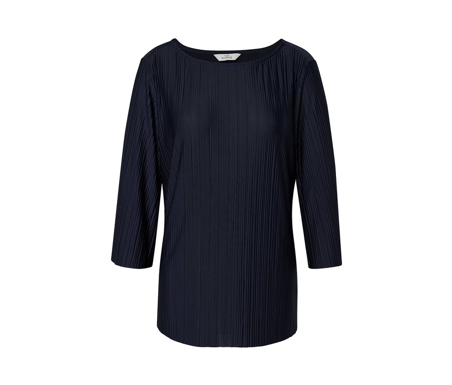 Marineblaues Plissee-Blusenshirt mit Dreiviertelärmeln.