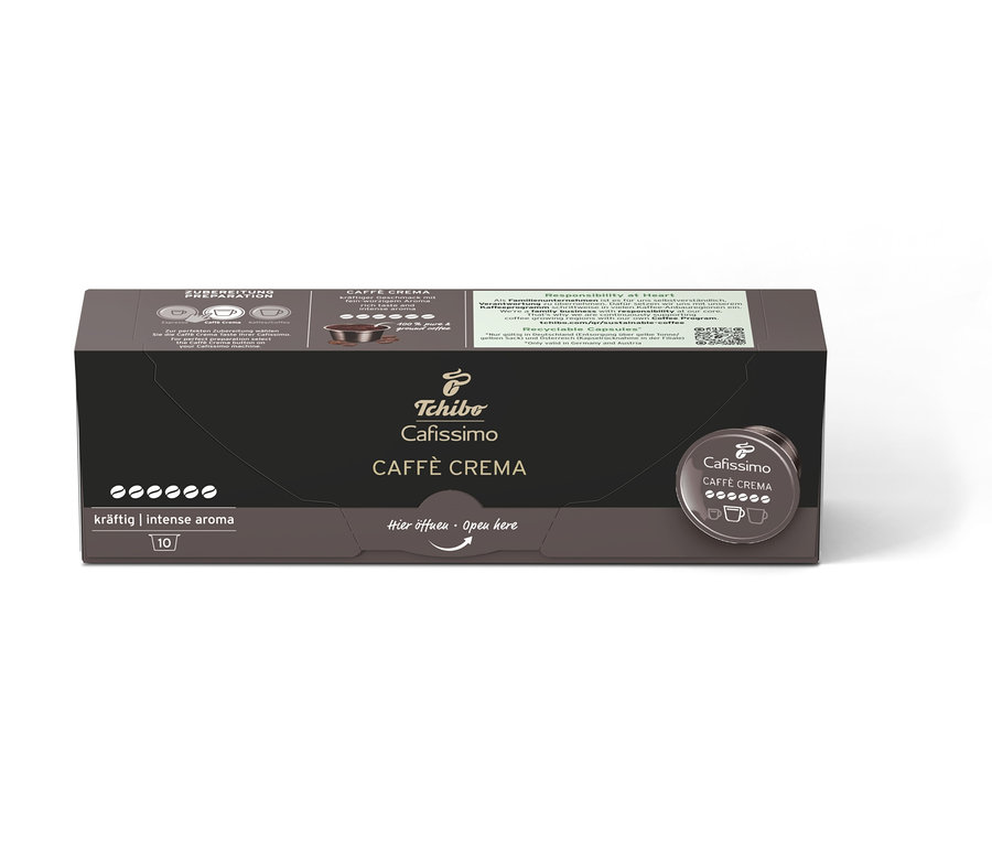 Eine Packung Cafissimo Caffè Crema kräftig Kapseln.