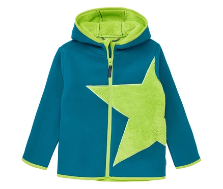 Petrolfarbene JAKO-O Kuschelfleecejacke mit hellgrünem Stern auf der Vorderseite.