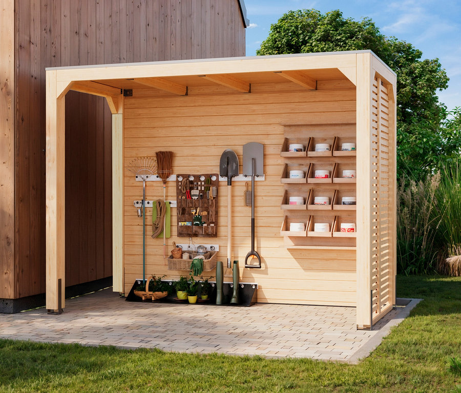 Karibu Pavillon »Markaska«, ca. 320 x 160 cm, 28 mm mit Gartengeräten und Pflanzen.