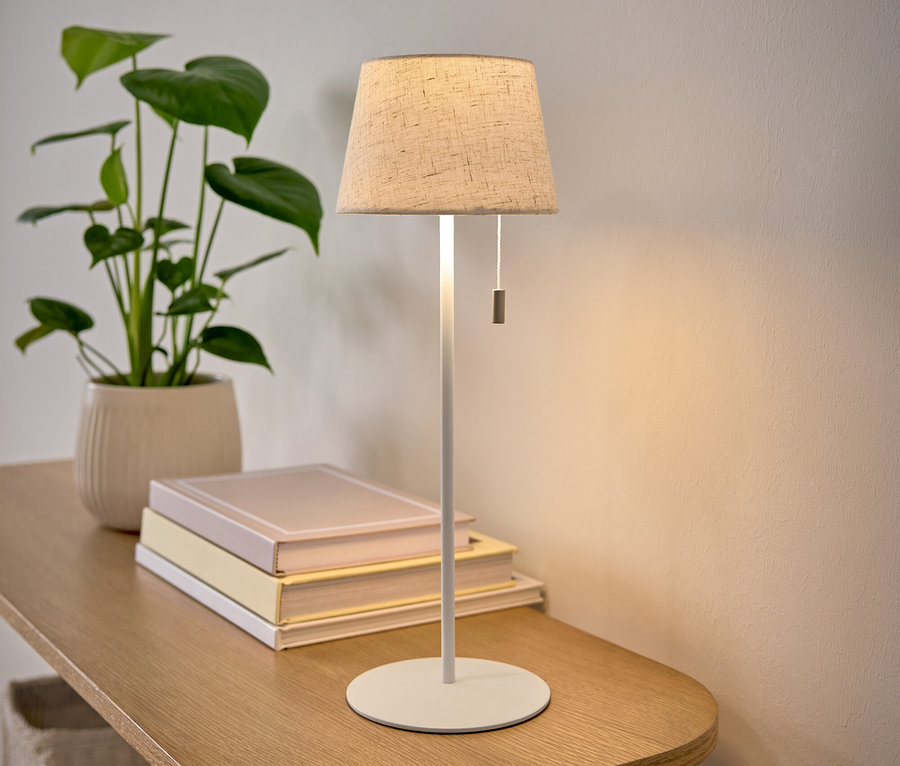 Eine Tischlampe mit einem beigen Lampenschirm steht auf einem Holztisch neben einer Topfpflanze und einem Stapel Bücher.
