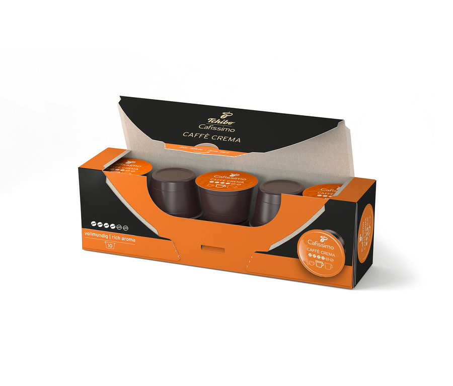 Geöffnete Packung Cafissimo Caffè Crema vollmundig - 10 Kapseln und eine Packung Cafissimo Caffè Crema vollmundig - 80 Kapseln sind sichtbar.