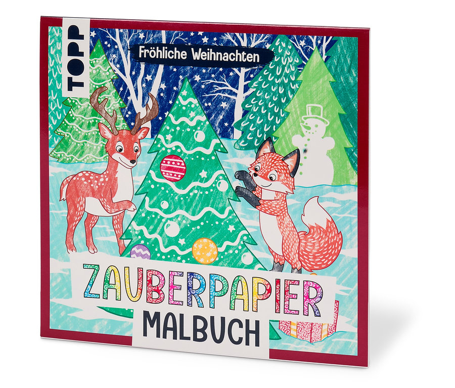Ein Malbuch mit Weihnachtsmotiven, darunter ein Hirsch, ein Fuchs und ein Schneemann.