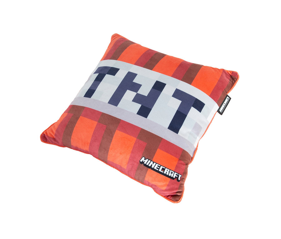 Quadratisches MINECRAFT Dekokissen mit TNT-Motiv auf weißem Hintergrund.