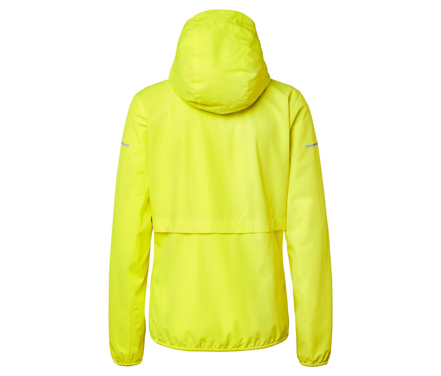 Rückansicht einer neongelben Jacke mit Kapuze.