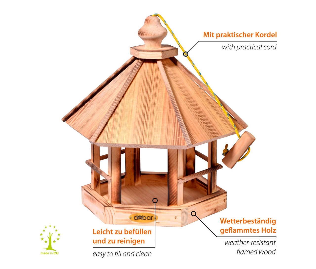 Hölzernes Vogelfutterhaus »Caliente« mit praktischer Kordel zum Aufhängen.
