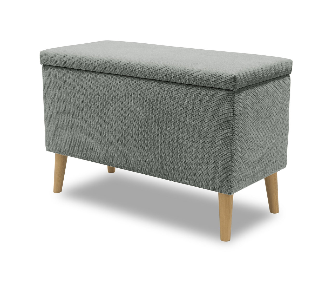 Grauer DOMO Hocker mit Staufach auf vier Holzfüßen.