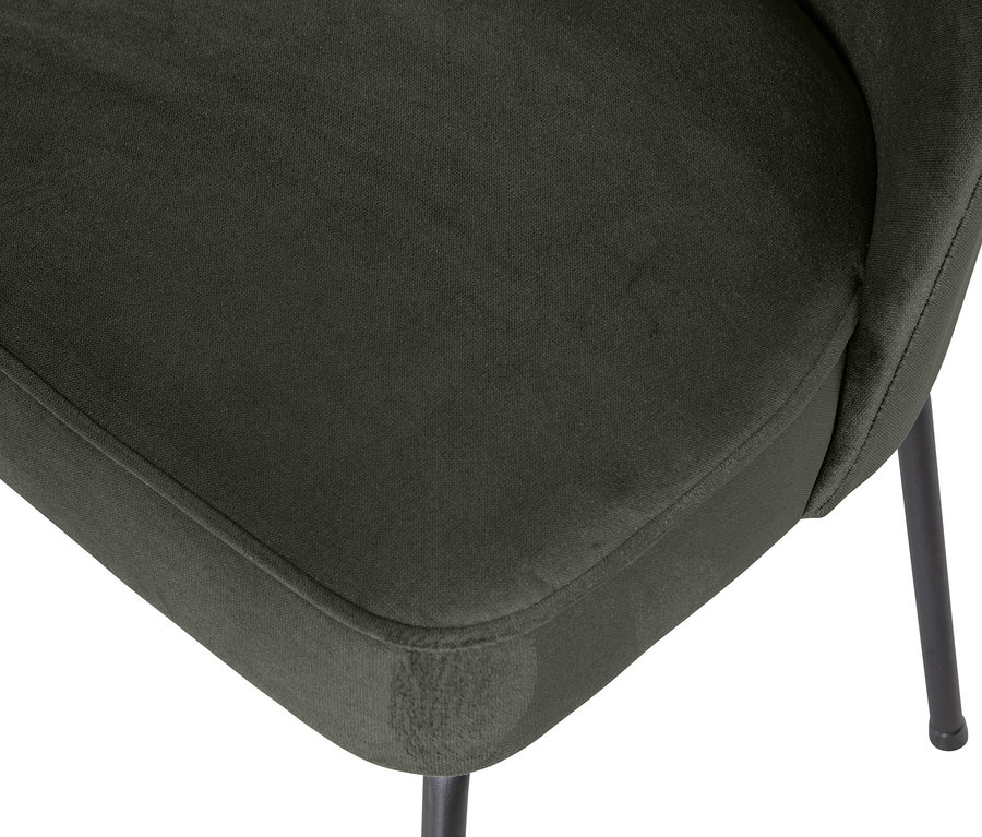 Nahaufnahme eines dunkelgrünen BePureHome »Vogue« Esszimmerstuhls aus einem 2er-Set, Fokus auf Sitzfläche und Rückenlehne.