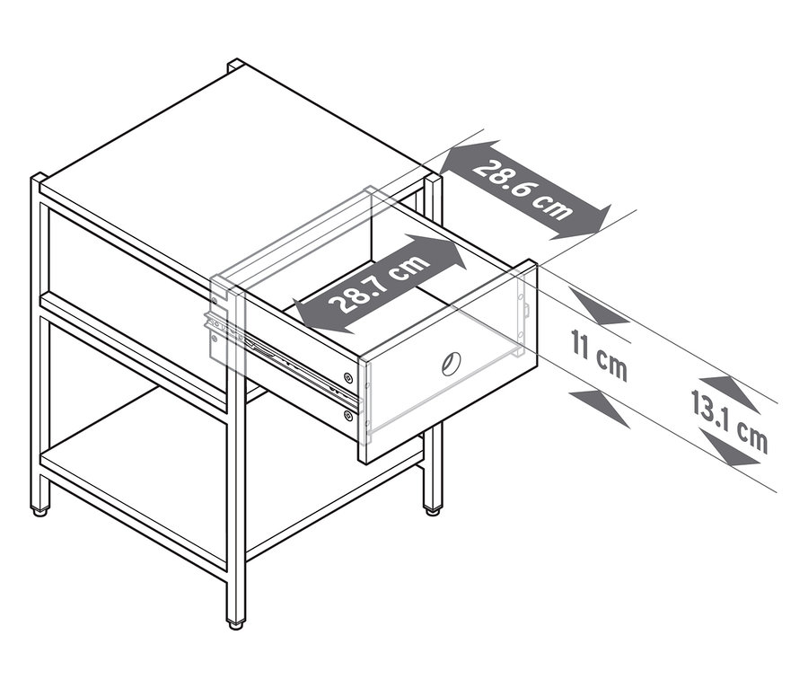Zeichnung eines Nachttisches »KLAAR« mit Schublade und Abmessungen.