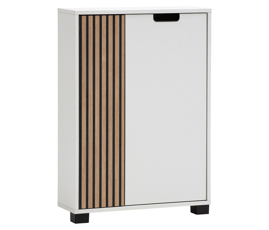 Weißer Schrank mit Holz- und schwarzen Lamellen auf der linken Seite und einem schwarzen Griff auf der rechten Seite.