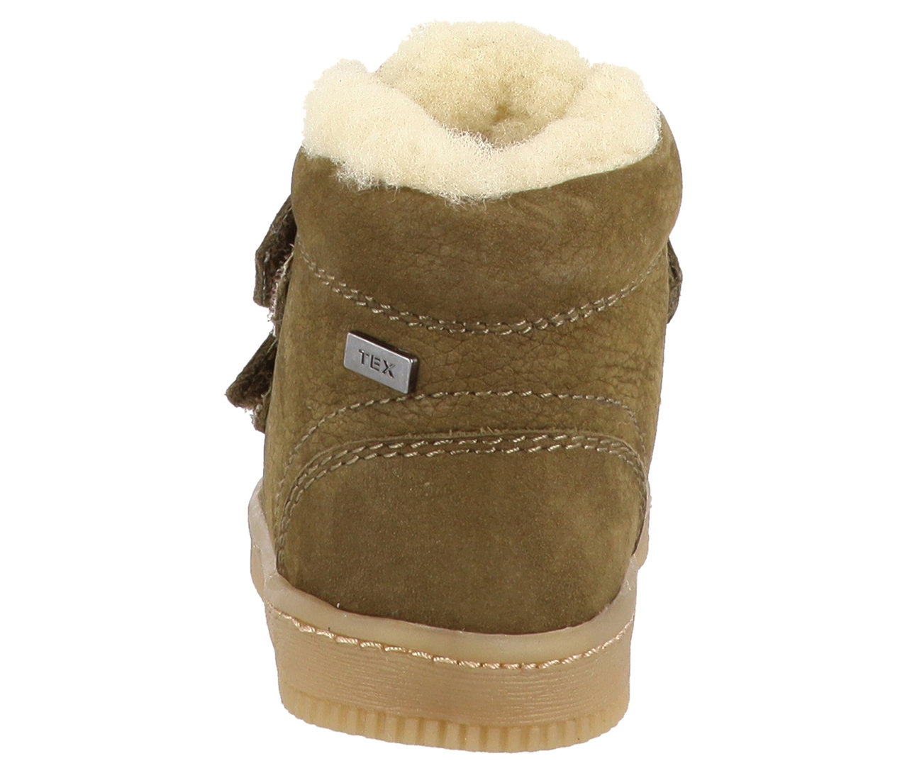 Rückansicht des olivgrünen Kinderstiefels LURCHI »Felix Barefoot-TEX« mit beige Sohle und Rand.