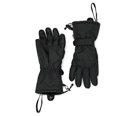 Zwei schwarze Skihandschuhe mit verstellbaren Riemen liegen auf einem weißen Hintergrund.