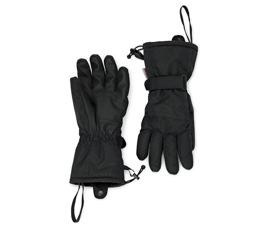 Zwei schwarze Skihandschuhe mit verstellbaren Riemen liegen auf einem weißen Hintergrund.