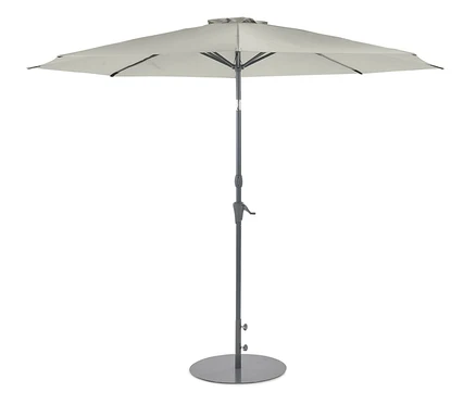 Grauer Leco Sonnenschirm, Ø 300 cm, inkl. Abdeckhaube auf weißem Hintergrund.