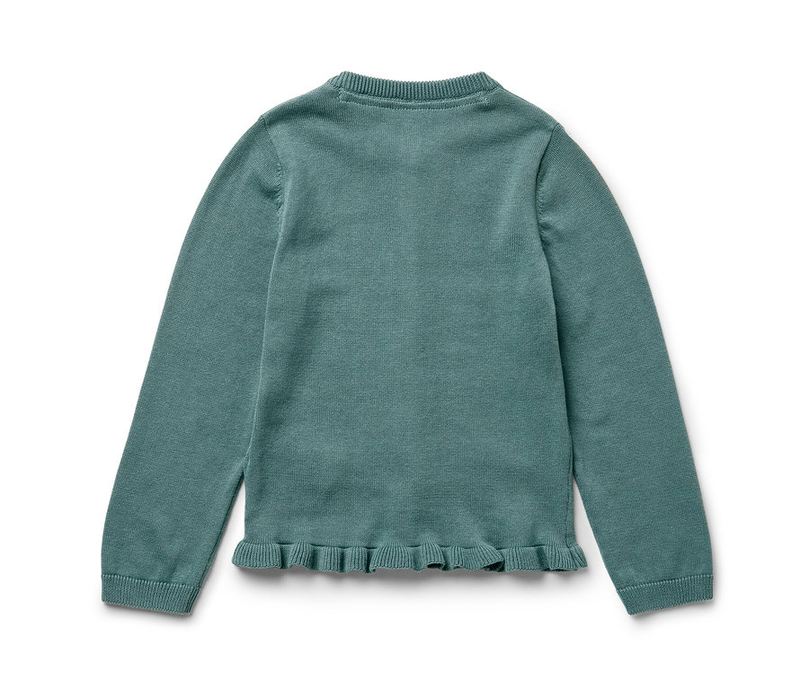 Rückansicht einer blaugrünen Kinder-Strickjacke mit langen Ärmeln und Rüschen am Saum, die auf einem weißen Hintergrund liegt.