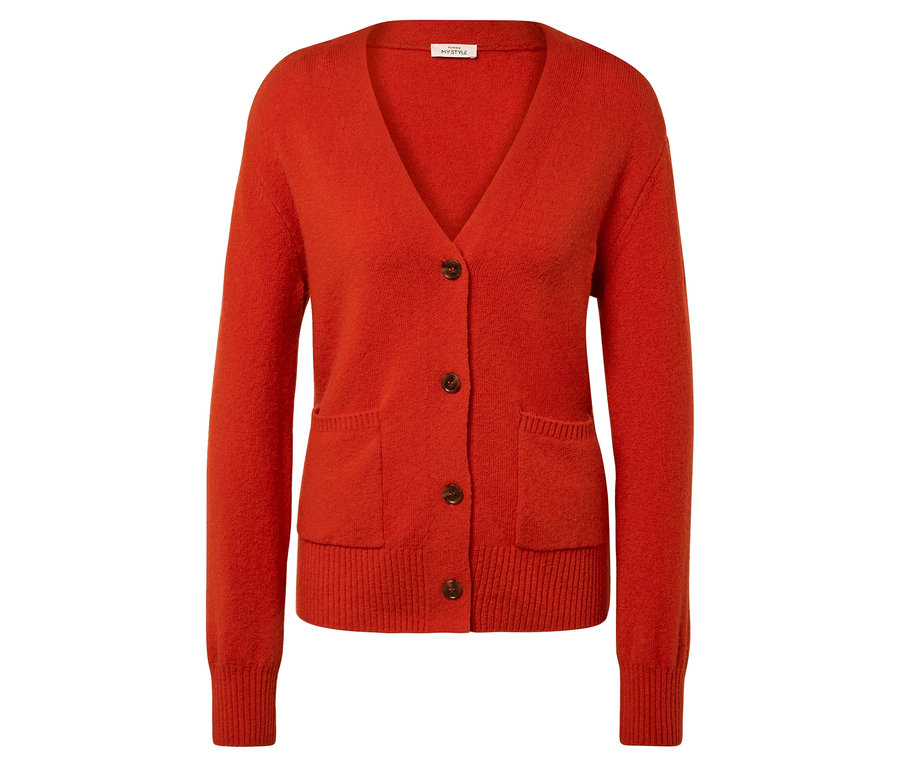 Orangefarbene Strickjacke mit langen Ärmeln, V-Ausschnitt und Knöpfen.