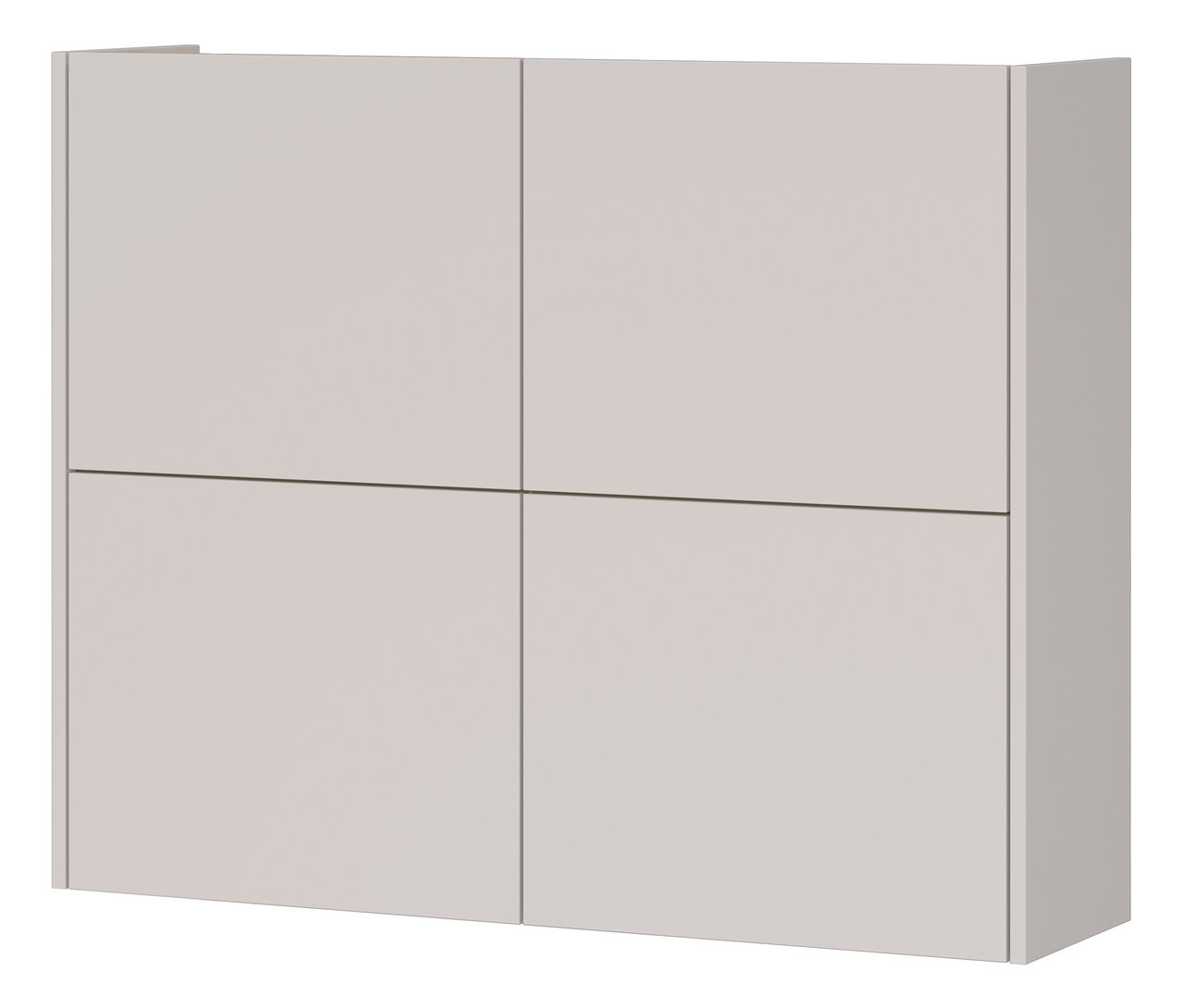 Ein grauer Wandschrank mit vier Türen ist vor einem weißen Hintergrund zu sehen.