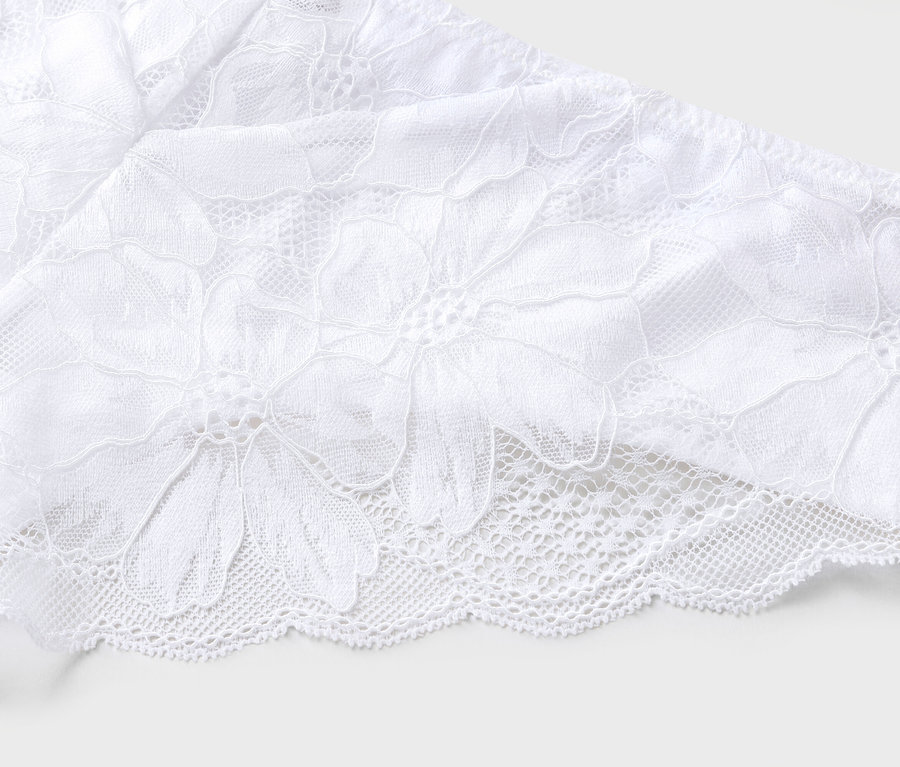 Detailaufnahme von weißer Spitze mit Blumenmuster.