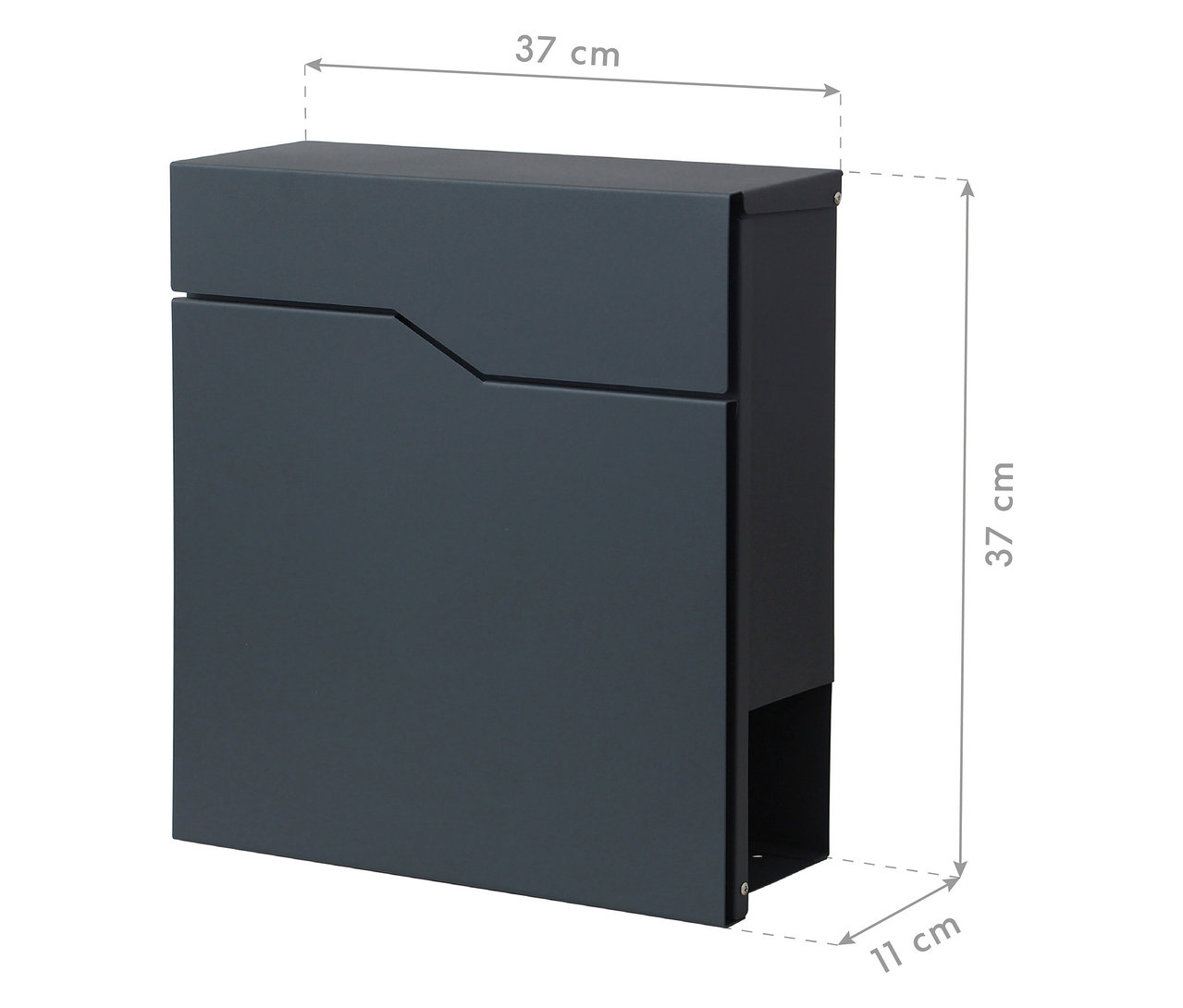 Abbildung eines grauen Briefkastens mit den Maßen 37x37x11 cm.