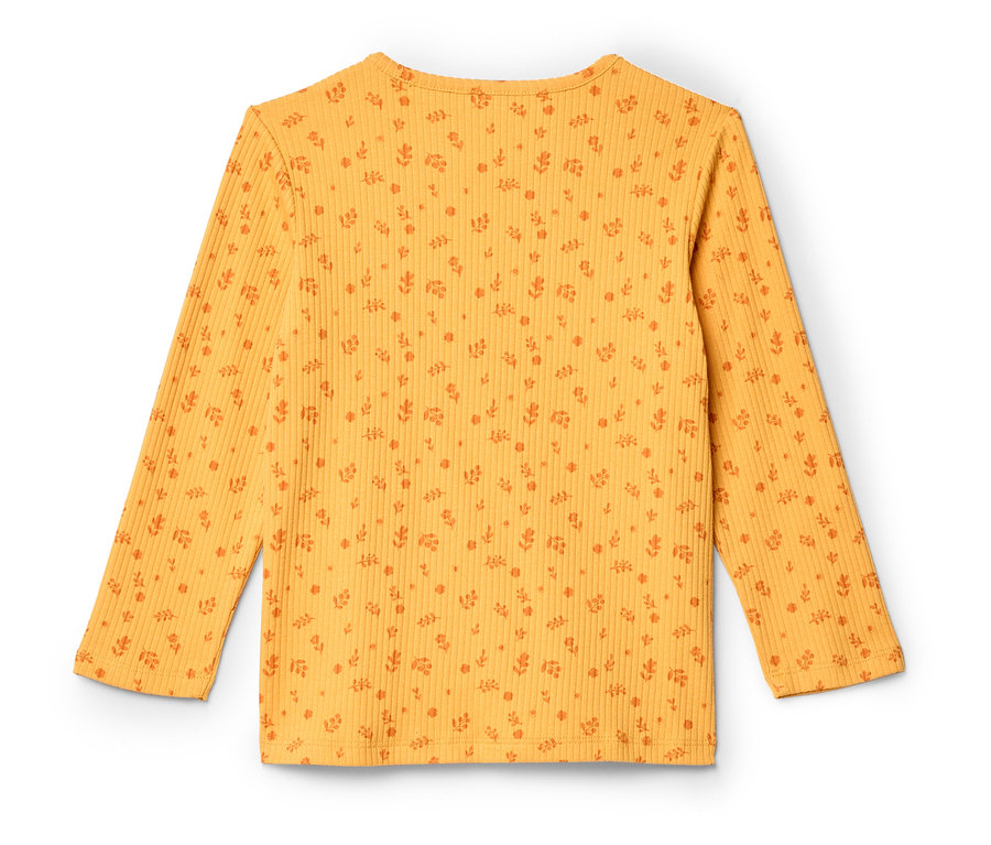 Gelbes, geripptes Langarmshirt mit orangefarbenem Blumenmuster, von hinten fotografiert.