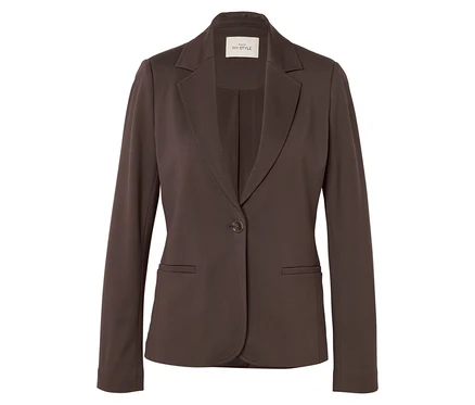 Brauner Jerseyblazer mit einem Knopfverschluss, Revers und zwei Vordertaschen.