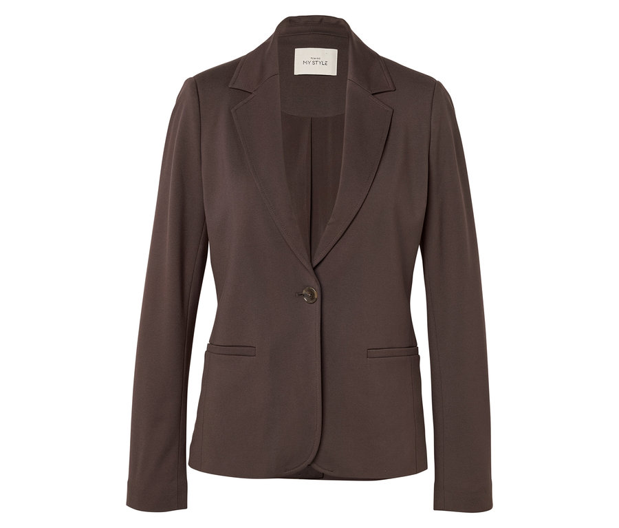 Brauner Jerseyblazer mit einem Knopfverschluss, Revers und zwei Vordertaschen.