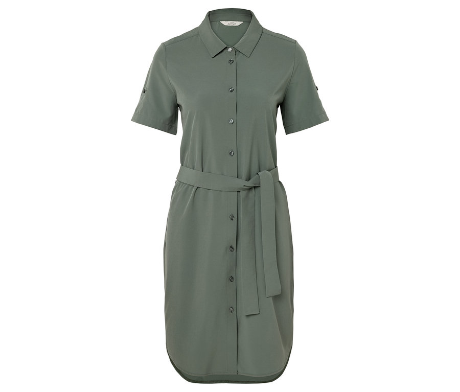 Ein olivgrünes Hemdkleid mit kurzen Ärmeln und einem Gürtel in der Taille.