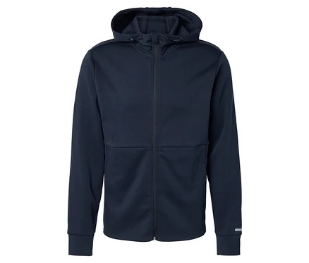 Marineblaue Kapuzenjacke mit Reißverschluss.