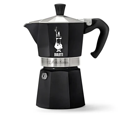 Schwarze Bialetti Moka Express Espressokanne auf einem weißen Hintergrund.
