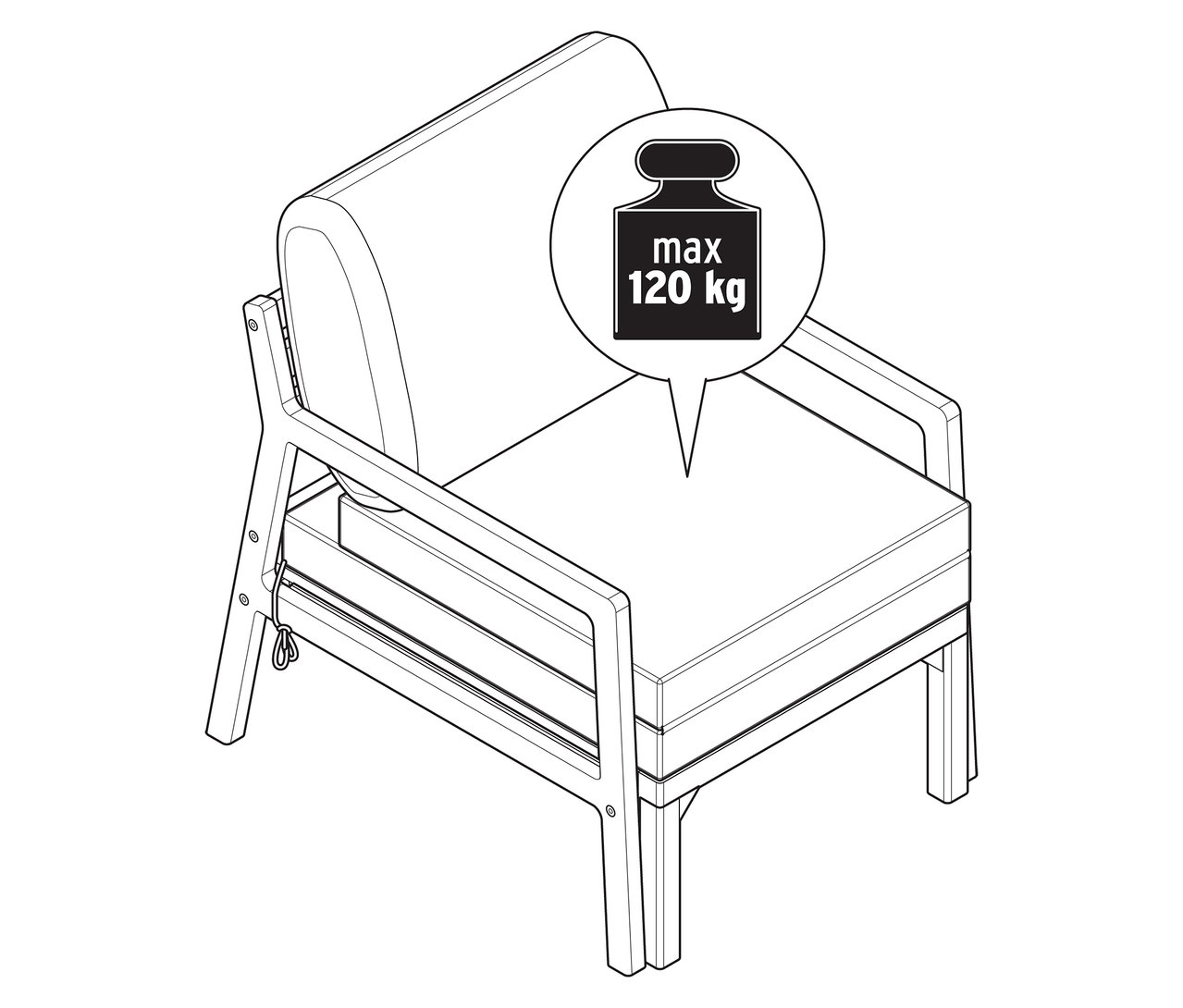 Darstellung eines ausziehbaren Gartensessels, der ein maximales Gewicht von 120 kg tragen kann.