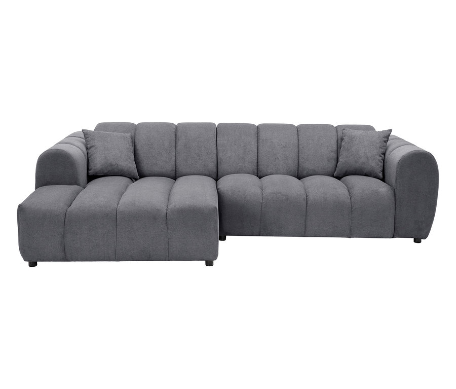 Graues modulares Ecksofa mit zwei Kissen.