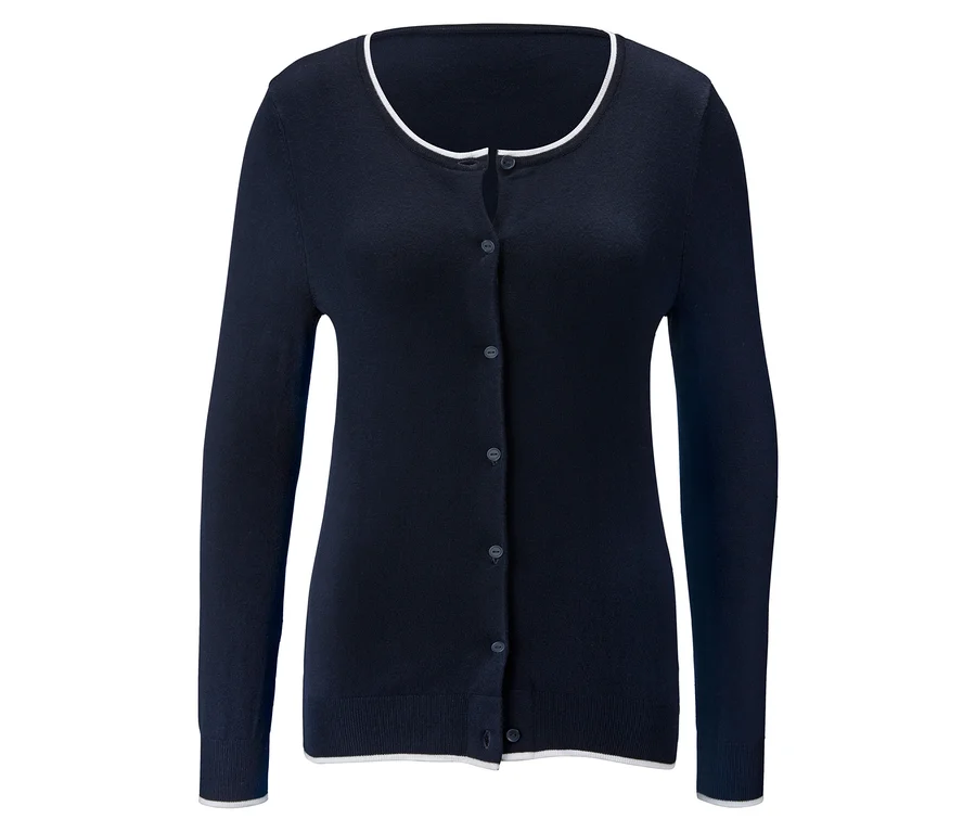 Marineblauer Feinstrick-Cardigan mit weißer Bordüre.