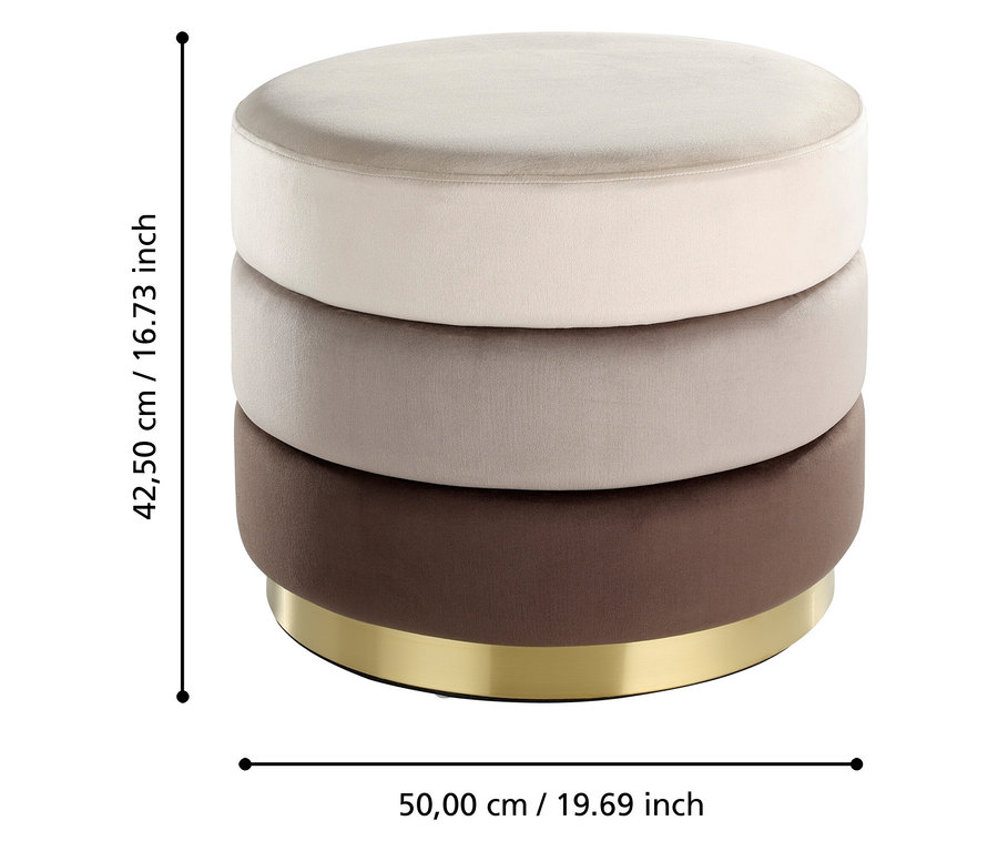 Ein dreistufiger, runder Hocker in Beige-, Grau- und Brauntönen mit goldenem Sockel.