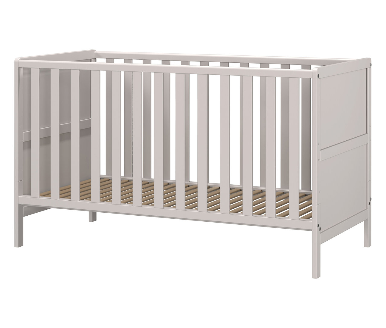 Ein leeres, graues Kinderbett mit Lattenrost steht im Raum.