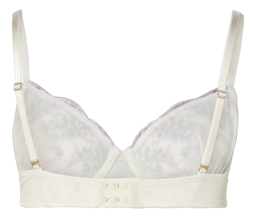 Rückansicht eines weißen BHs mit lila Spitze und verstellbaren Trägern.