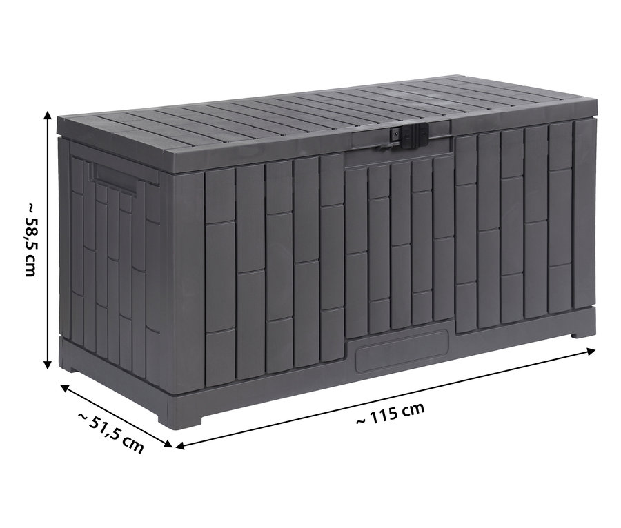Graue Kunststoff-Kissenbox, 300 l, mit den Maßen 115 x 51,5 x 58,5 cm.