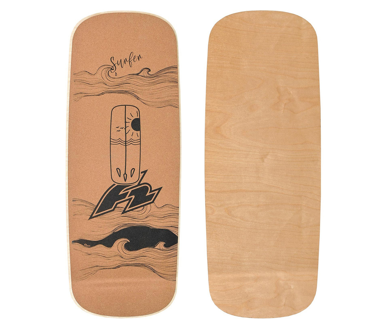 Zwei F2 Cork Balance Board Sets Pill mit Korkrolle liegen nebeneinander.