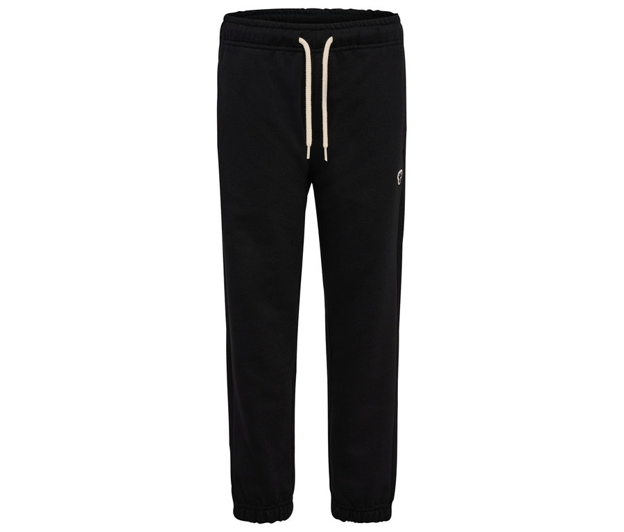 Schwarze hummel® HMLJR Loose Sweatpants Bee mit Kordelzug und kleinem Logo auf dem Bein.
