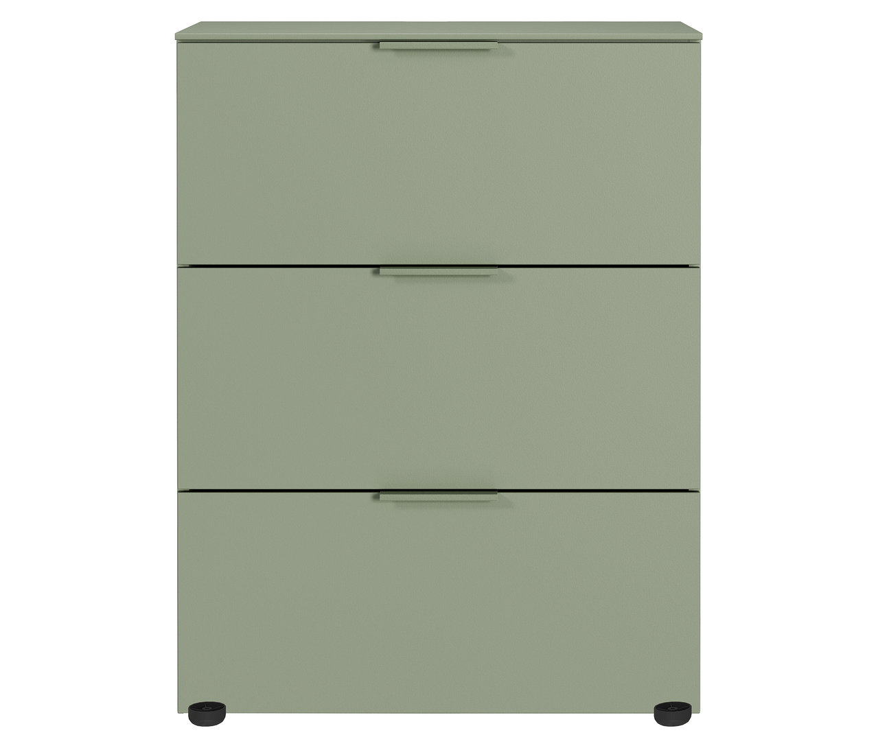 Nahaufnahme der kleinen, taupegrünen Kommode »Savoca«.