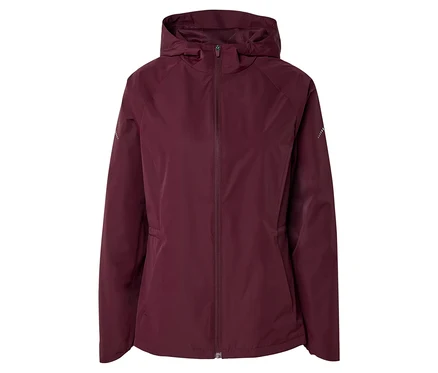 Burgunderfarbene, gefütterte Regenjacke mit Kapuze und durchgehendem Reißverschluss.