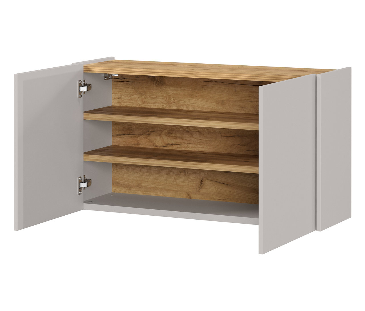 Offener, grauer Wandschrank mit drei Regalböden in Holzoptik.