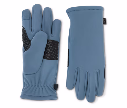 Ein Paar blaue Handschuhe liegen nebeneinander, wobei der linke Handschuh auf der Handfläche liegt.