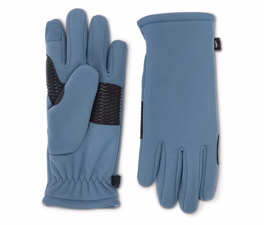 Ein Paar blaue Handschuhe liegen nebeneinander, wobei der linke Handschuh auf der Handfläche liegt.